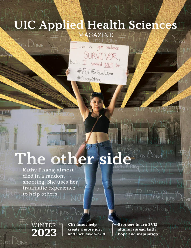 Cover of the winter 2023 issue of AHS magazine depicting Kathy Pisabaj '22 BS NUT at a July 2018 anti-violence demonstration that shut down the northbound Dan Ryan Expressway. She wears a halter top to show scars from the injury.