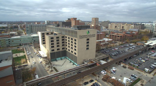 Aerial view of University of Illinois Hospital and UIC West Campus