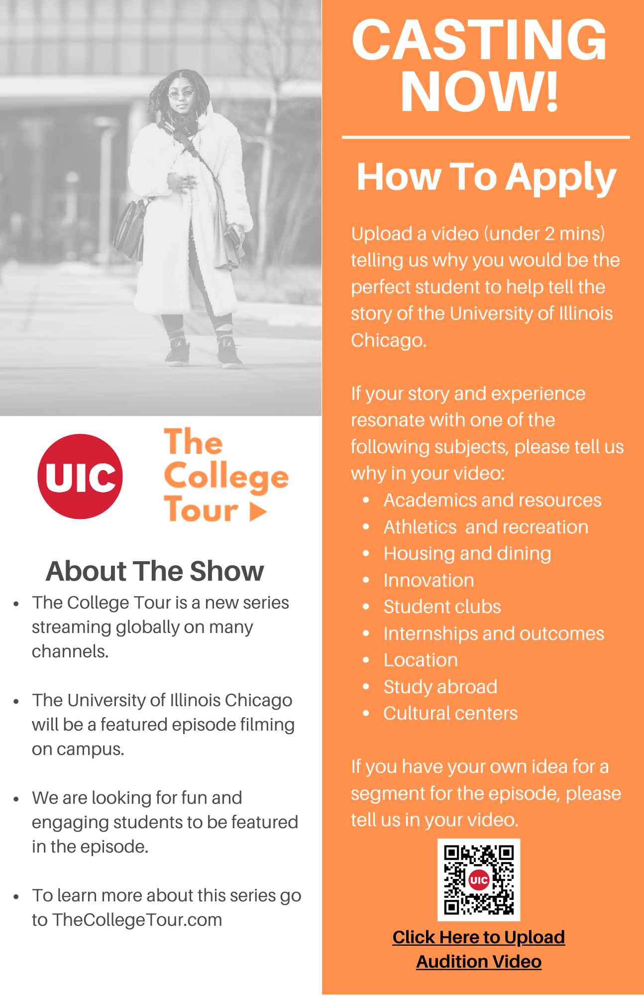 Student casting call for auditions for Amazon Prime’s The College Tour